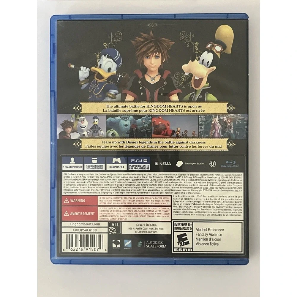 Kingdom Hearts III 3 Sony PlayStation 4, PS4 Disney Pixar Blue Ray Excellent!!